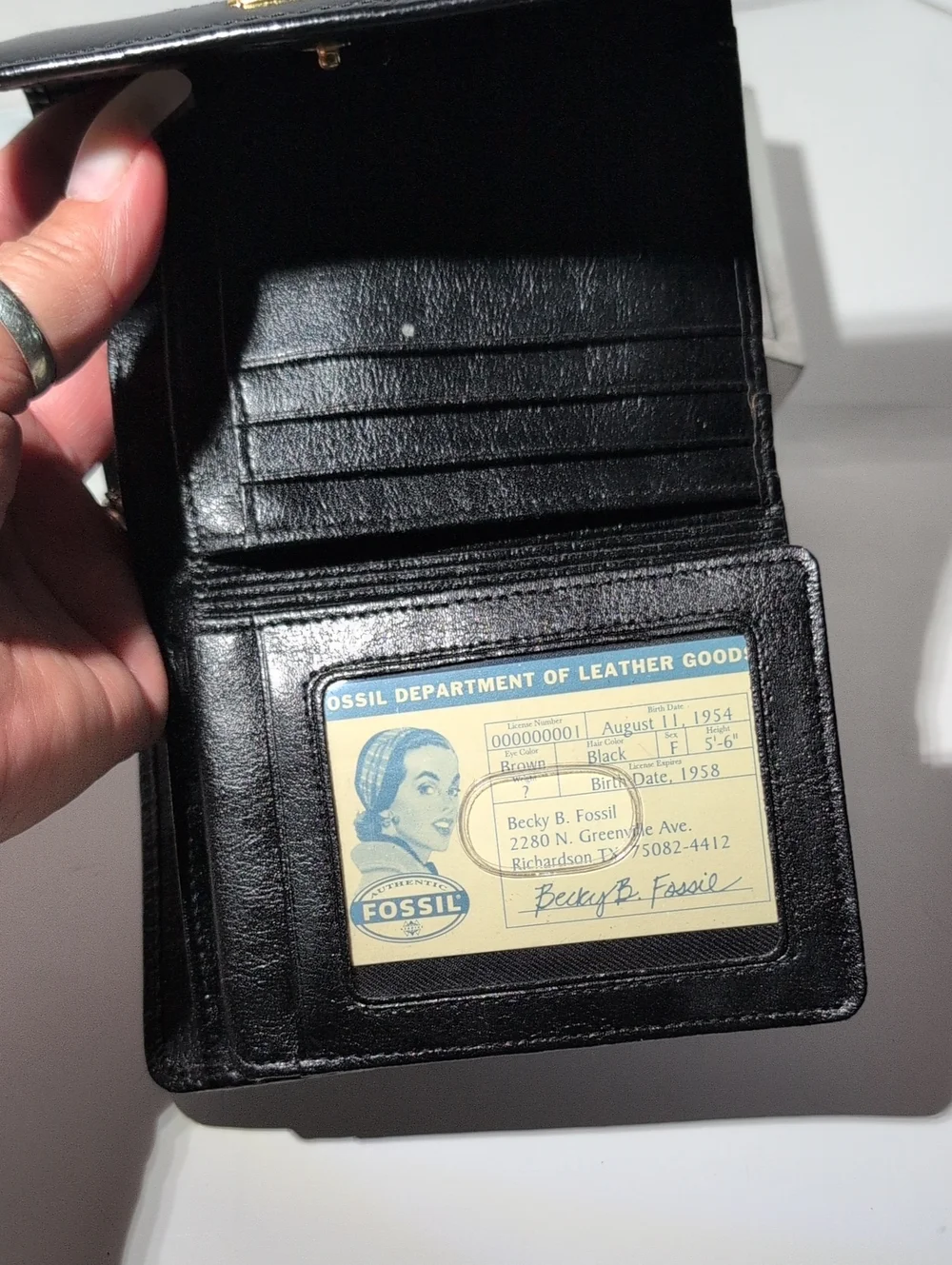 Vintage Fossil Black Leather Women's Trifold Wallet with Gold Accent